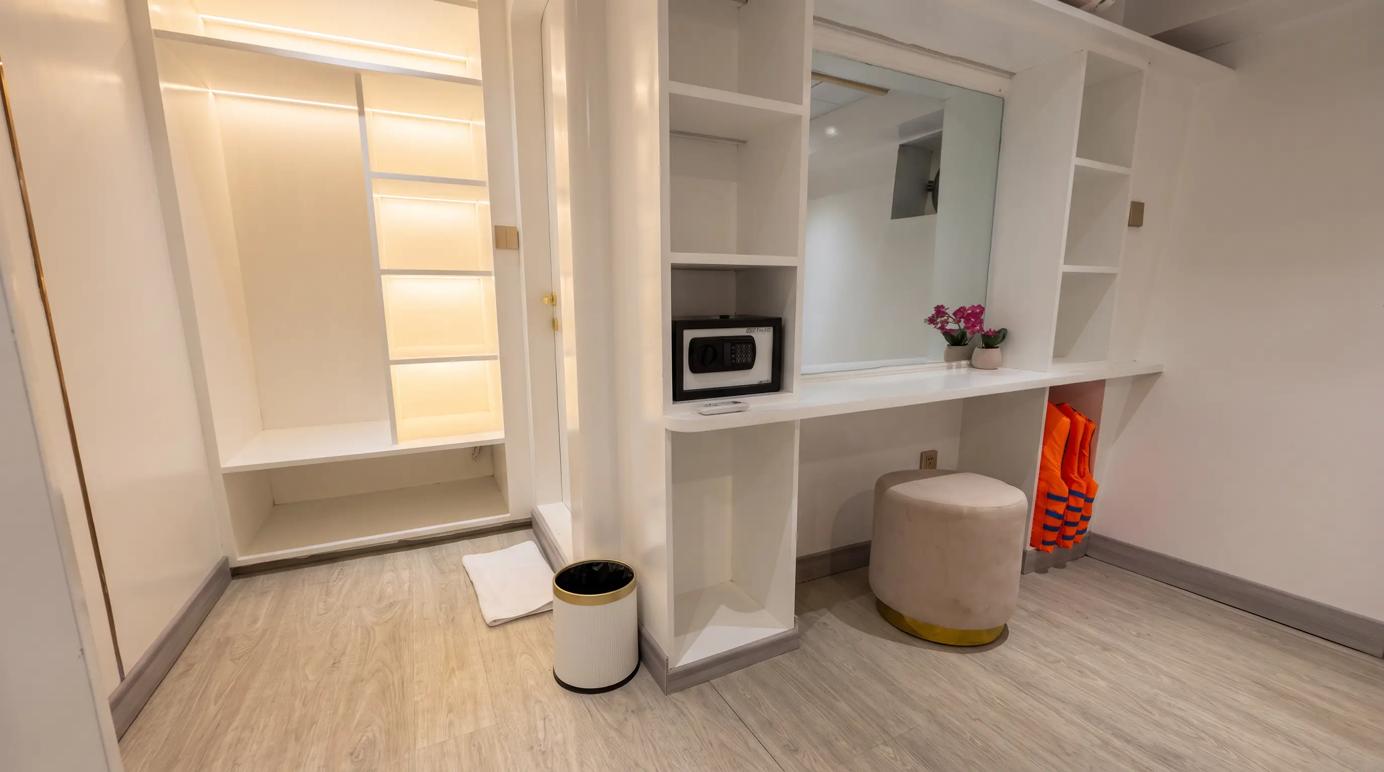 Cabin wardrobe and vanity nook aboard Lasha