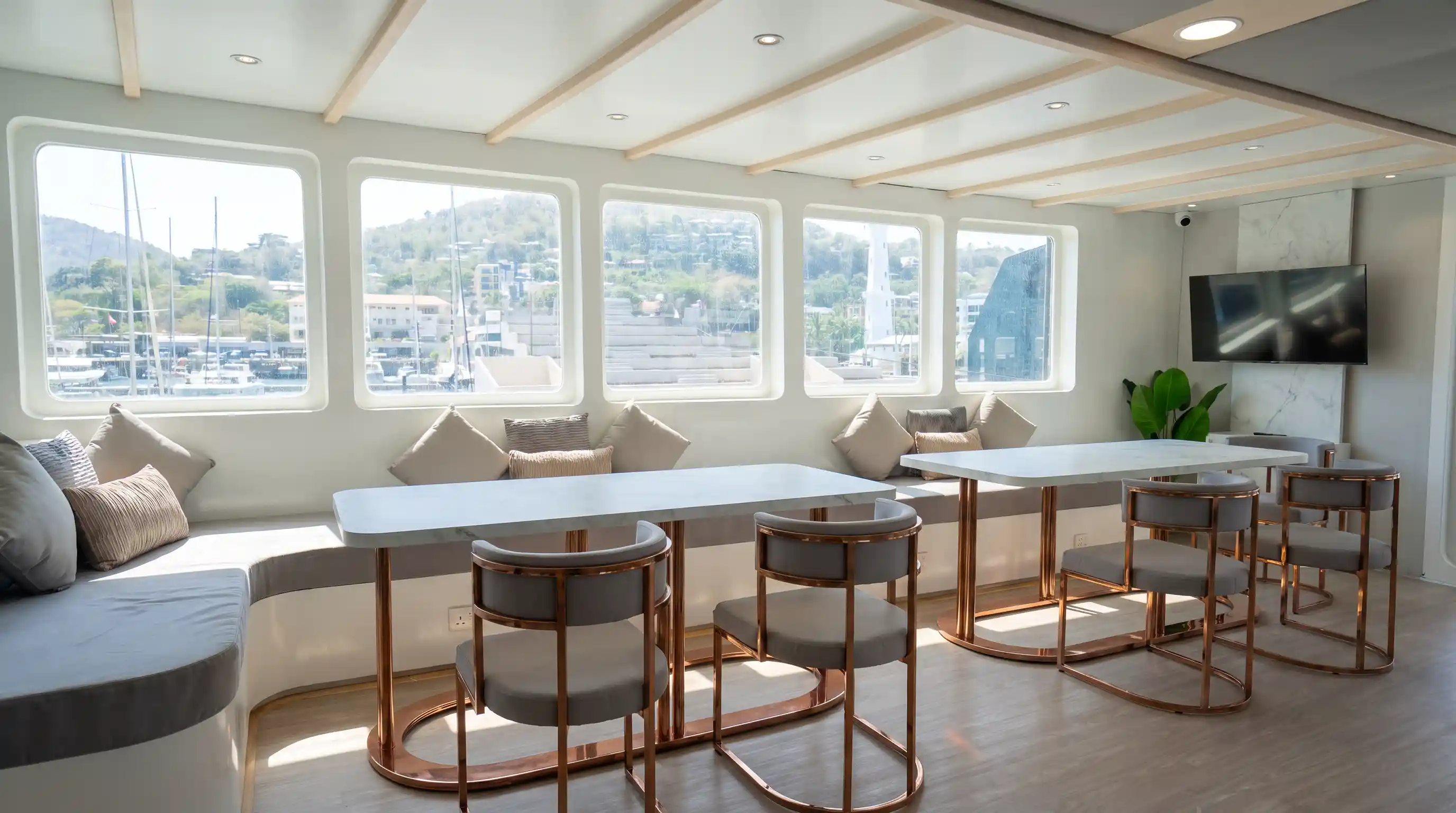 Indoor lounge and dining saloon aboard Lasha