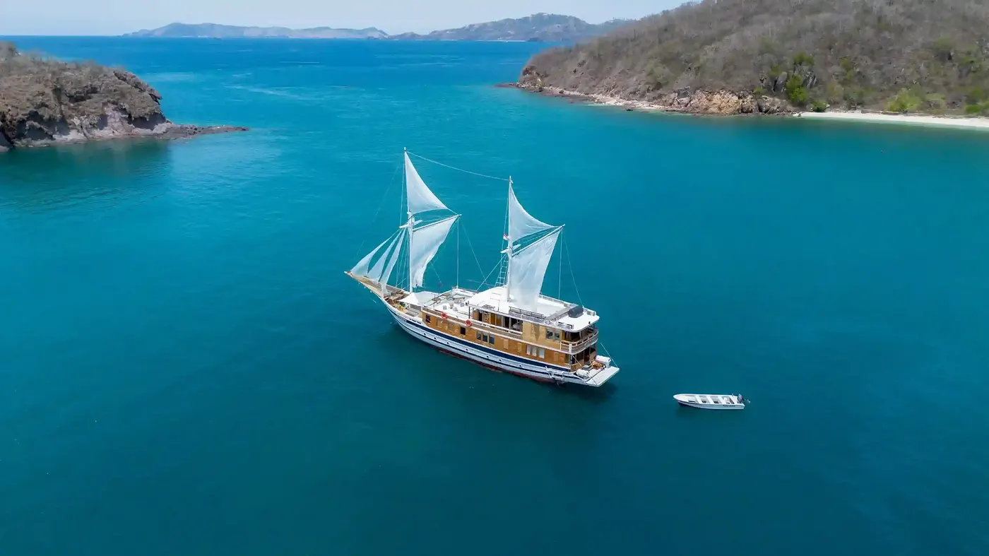 Phinisi Catnazse Aerial — Komodo National Park, by our operator Komodo Luxury